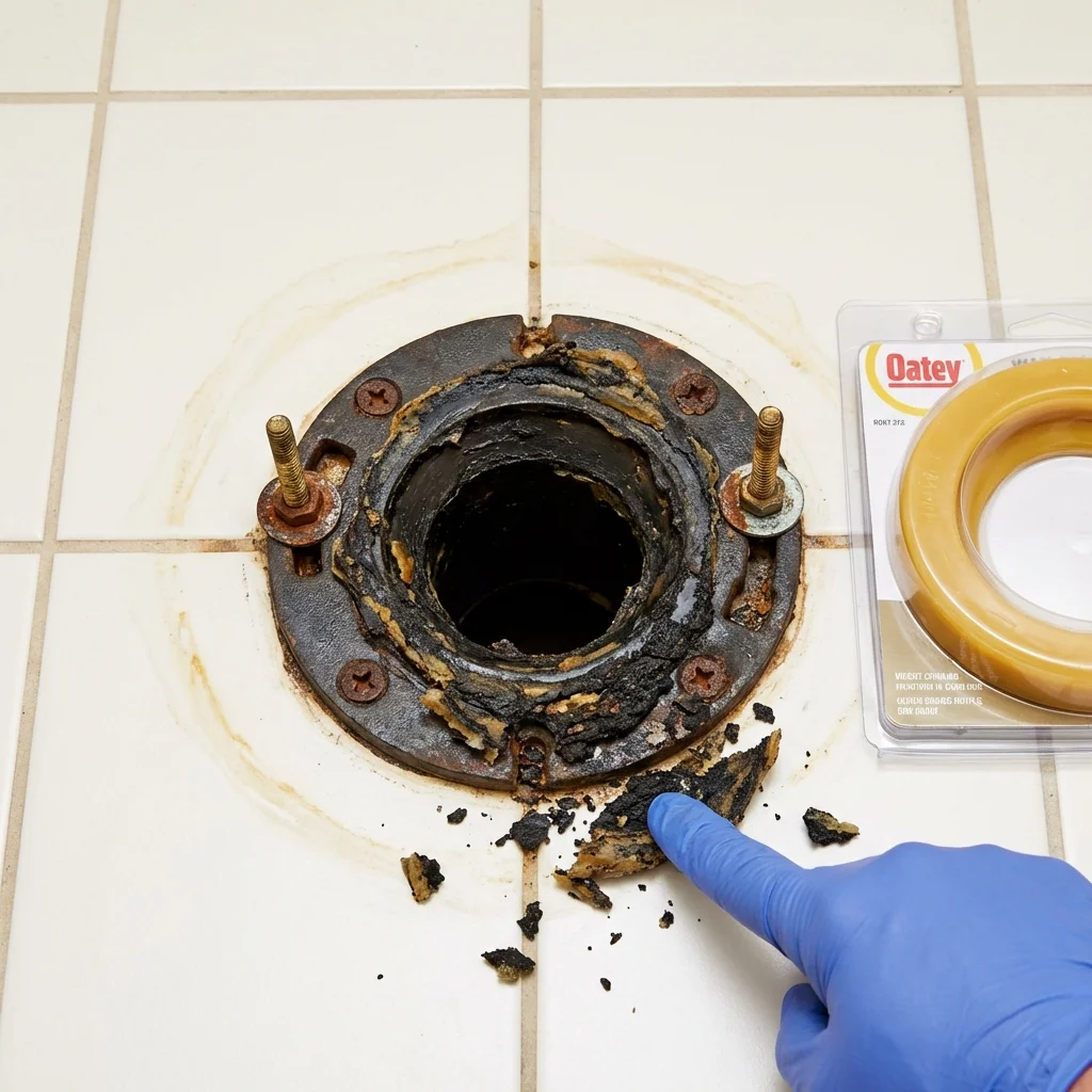 Failed wax ring showing water seepage at the base of a toilet in a Danville, VA home